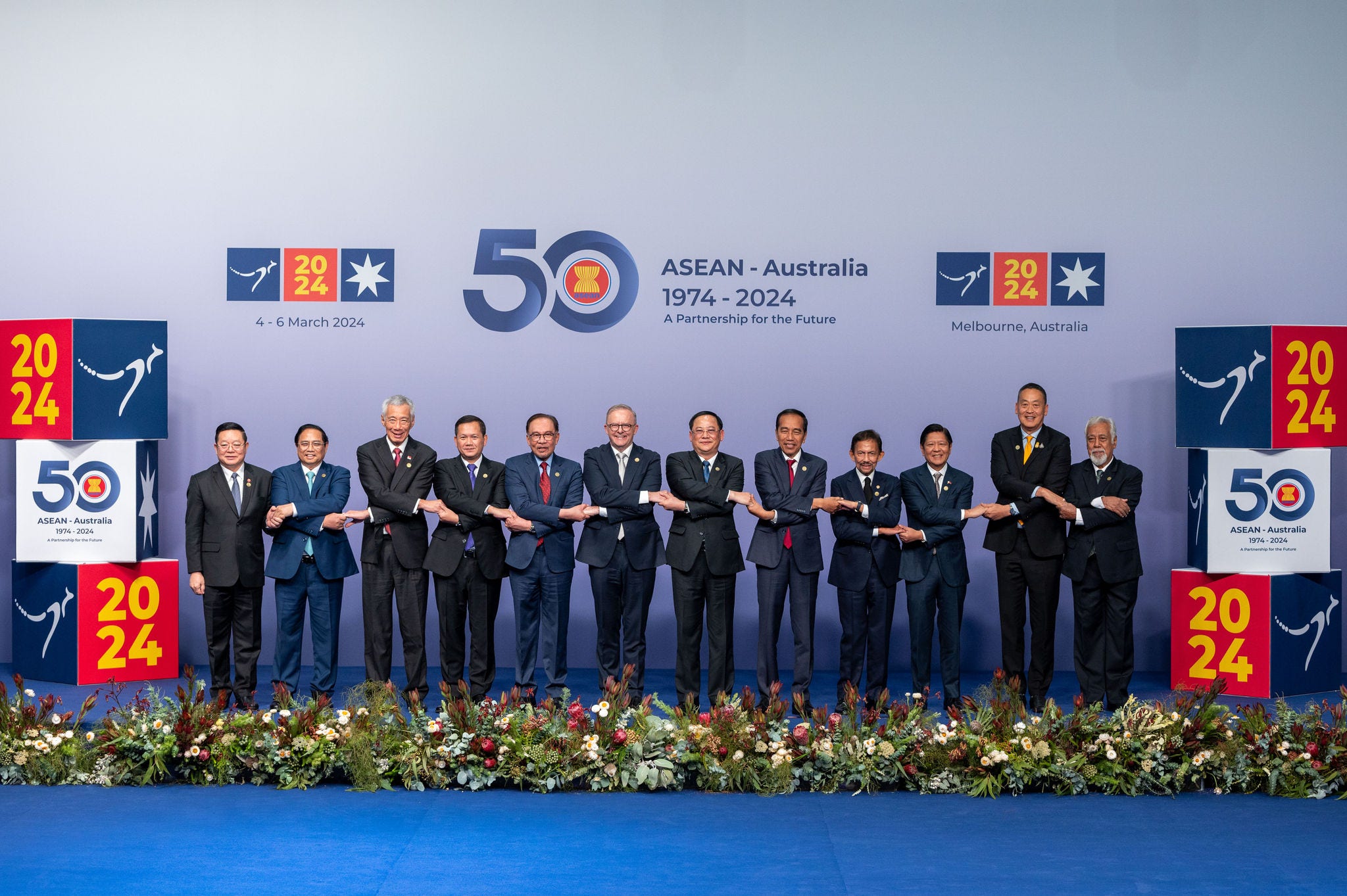 Leaders joining hands at ASEAN-Australia special summit.