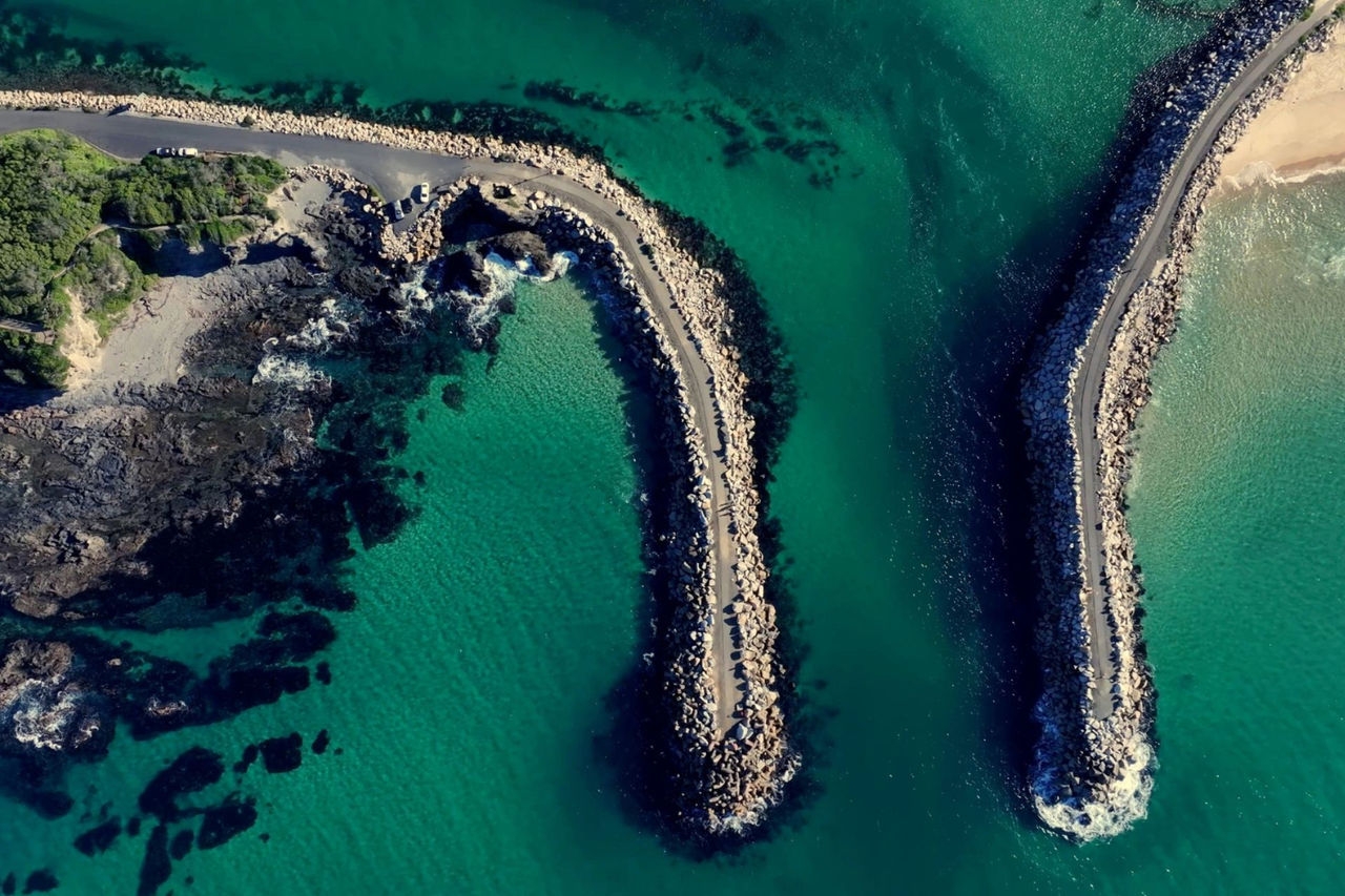 Aerial view of Narooma inlet and coastal landscape, South Coast, New South Wales